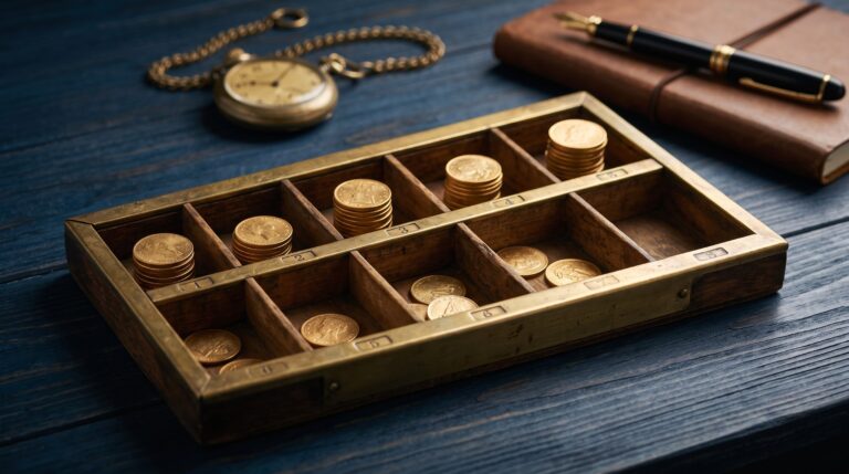 Bandeja organizadora de madera con compartimentos separando monedas de oro en distintas cantidades, ilustrando visualmente cómo organizar el dinero como autónomo: método paso a paso.