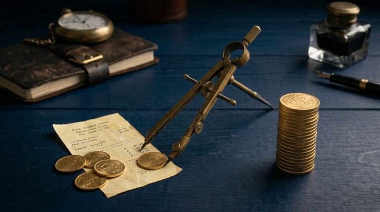 Un compás de precisión midiendo unas pocas monedas esparcidas sobre un recibo, en claro contraste con una alta pila de monedas de oro a su lado, ilustrando visualmente cómo saber si estás cobrando por debajo de mercado.