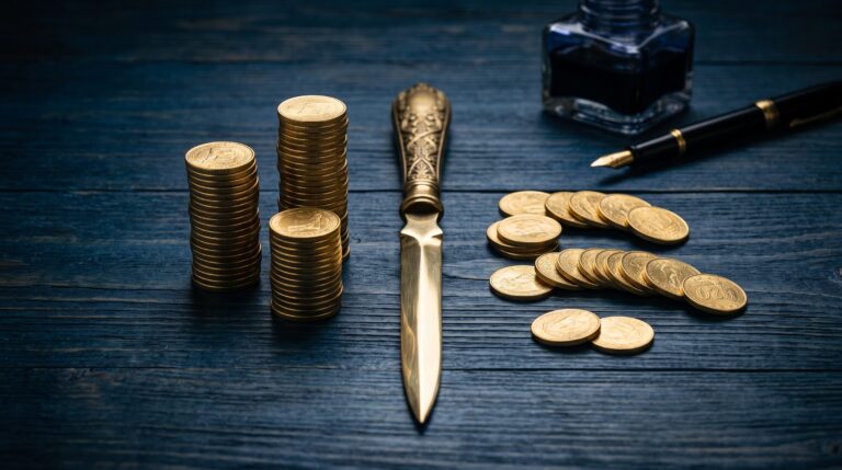 Un abrecartas clásico sobre un escritorio separando físicamente tres pilas de monedas de oro perfectamente ordenadas de un grupo de monedas sueltas, ilustrando visualmente cómo separar dinero personal y del negocio siendo autónomo.
