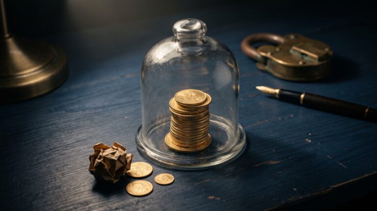 Pila de monedas de oro protegida bajo una campana de cristal sobre un escritorio junto a un candado, ilustrando visualmente cuánto debo reservar cada mes siendo autónomo (Hacienda + imprevistos).