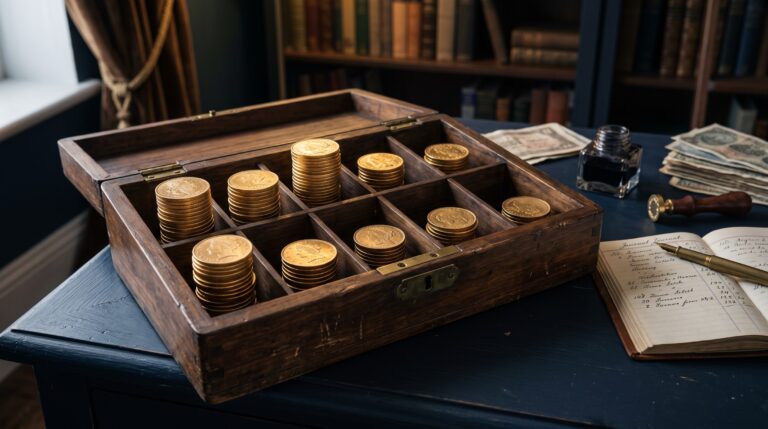 Caja organizadora de madera con múltiples compartimentos, cada uno con una pila de monedas de oro de diferente altura, ilustrando cuánto gana un autónomo en España: cifras por sector.
