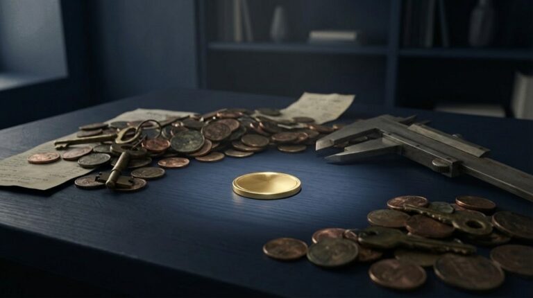 Una única moneda de oro brillante iluminada en el centro de un escritorio, separada de un montón de recibos, monedas oscuras y un calibre de precisión, ilustrando visualmente cuánto me queda realmente como autónomo cada mes.