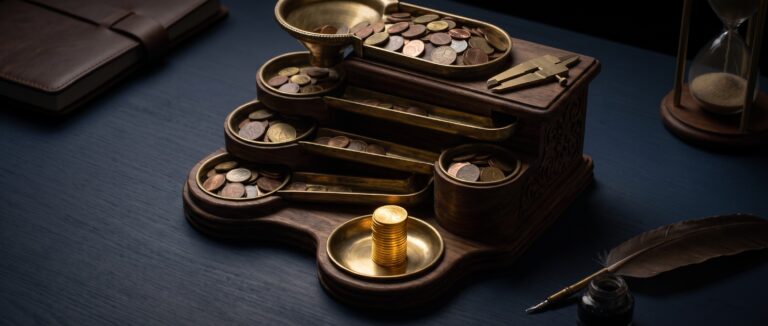 Clasificador de madera en varios niveles filtrando monedas comunes hasta dejar una única pila de monedas de oro en la base, ilustrando el cálculo exacto de cuánto tengo que facturar para ganar 3.000€ netos al mes.