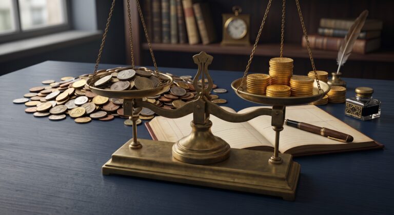 Balanza clásica equilibrando un gran montón desordenado de monedas comunes en un plato frente a unas pequeñas y ordenadas pilas de monedas de oro en el otro, ilustrando la diferencia entre facturación vs beneficio: la confusión que más dinero cuesta.