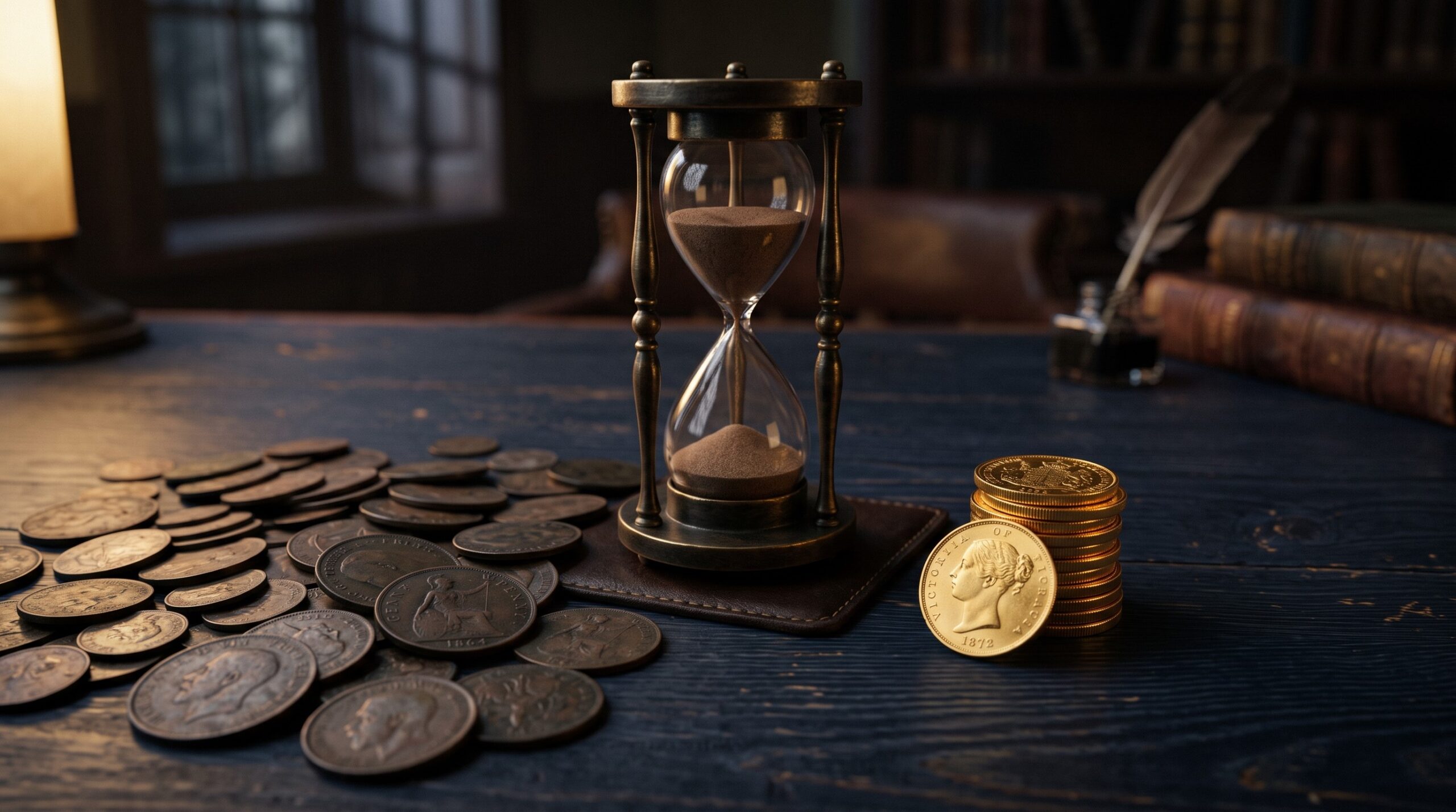 Reloj de arena sobre un escritorio que separa un montón de monedas oscuras esparcidas de una pequeña pila de monedas de oro, ilustrando la diferencia entre horas facturables vs horas trabajadas y por qué tu tarifa está mal calculada.