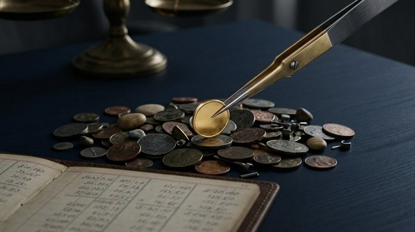 Unas pinzas de precisión extrayendo una moneda de oro brillante de un montón de monedas comunes junto a un libro de contabilidad, ilustrando el margen de beneficio para autónomos: cómo calcularlo.