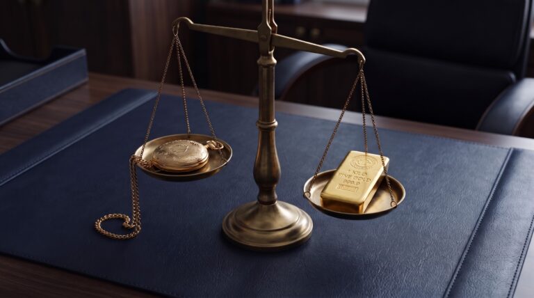 Balanza clásica sobre un escritorio oscuro equilibrando un reloj de bolsillo de oro y un lingote de oro, ilustrando la comparativa entre el precio por hora y el precio por proyecto.