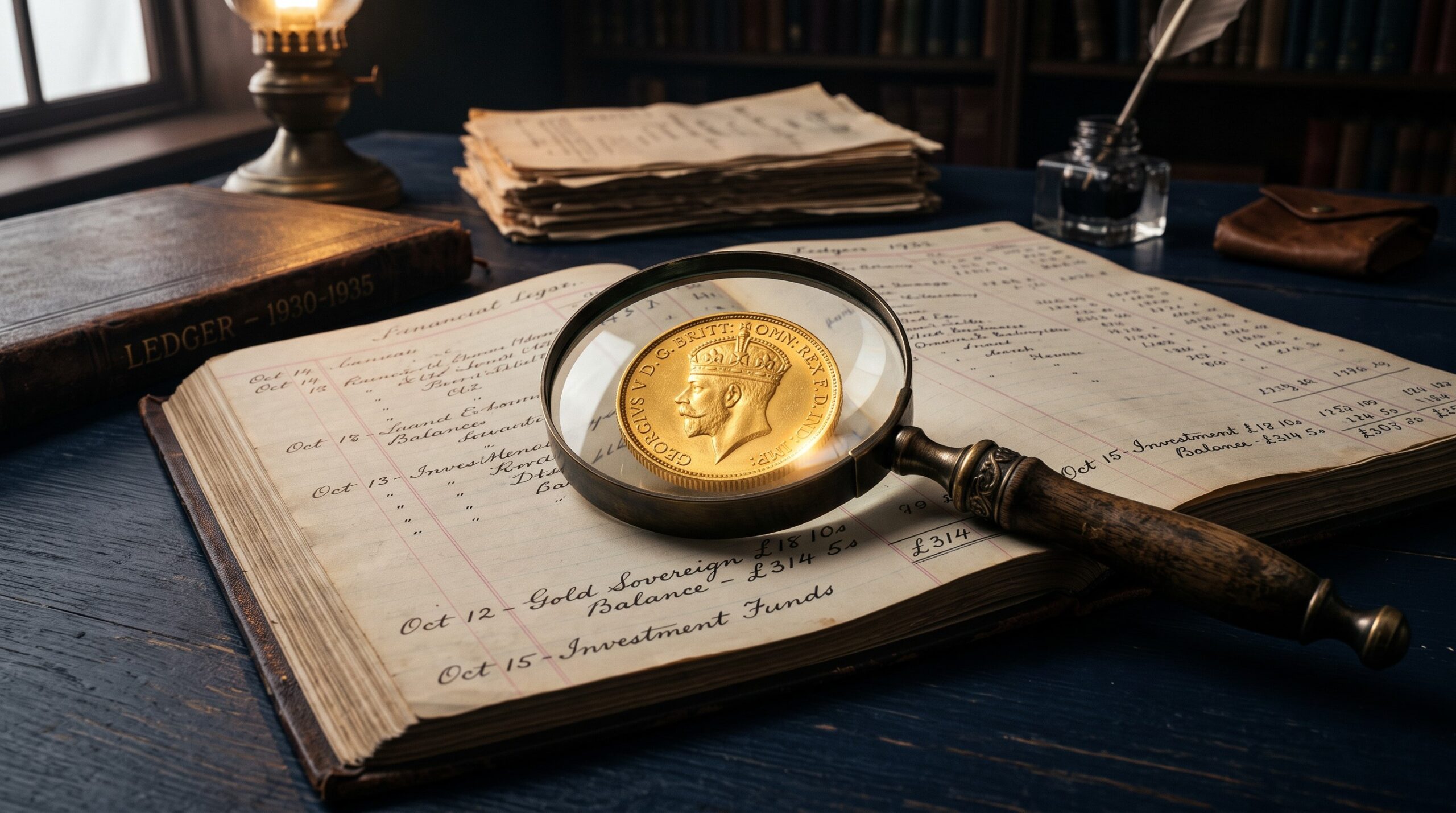 Lupa ampliando una moneda de oro sobre un libro de contabilidad clásico abierto, ilustrando el concepto de rentabilidad como autónomo: qué es y cómo se calcula al analizar tus números.