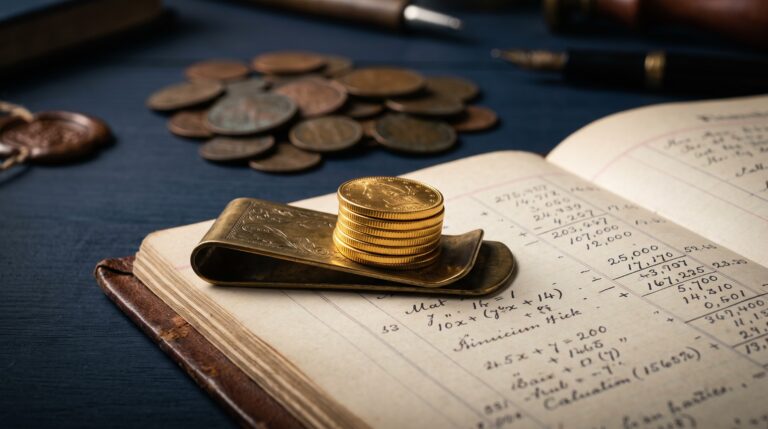 Un clip metálico para dinero sujetando una pequeña y ordenada pila de monedas de oro sobre un libro de contabilidad, dejando atrás un montón de monedas comunes desordenadas, ilustrando el sueldo neto de un autónomo: cómo calcular lo que te queda de verdad.